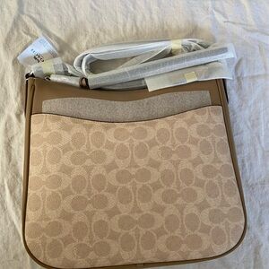 Coach Sand Taupe Signature Canvas Crossbody with Dark Trim